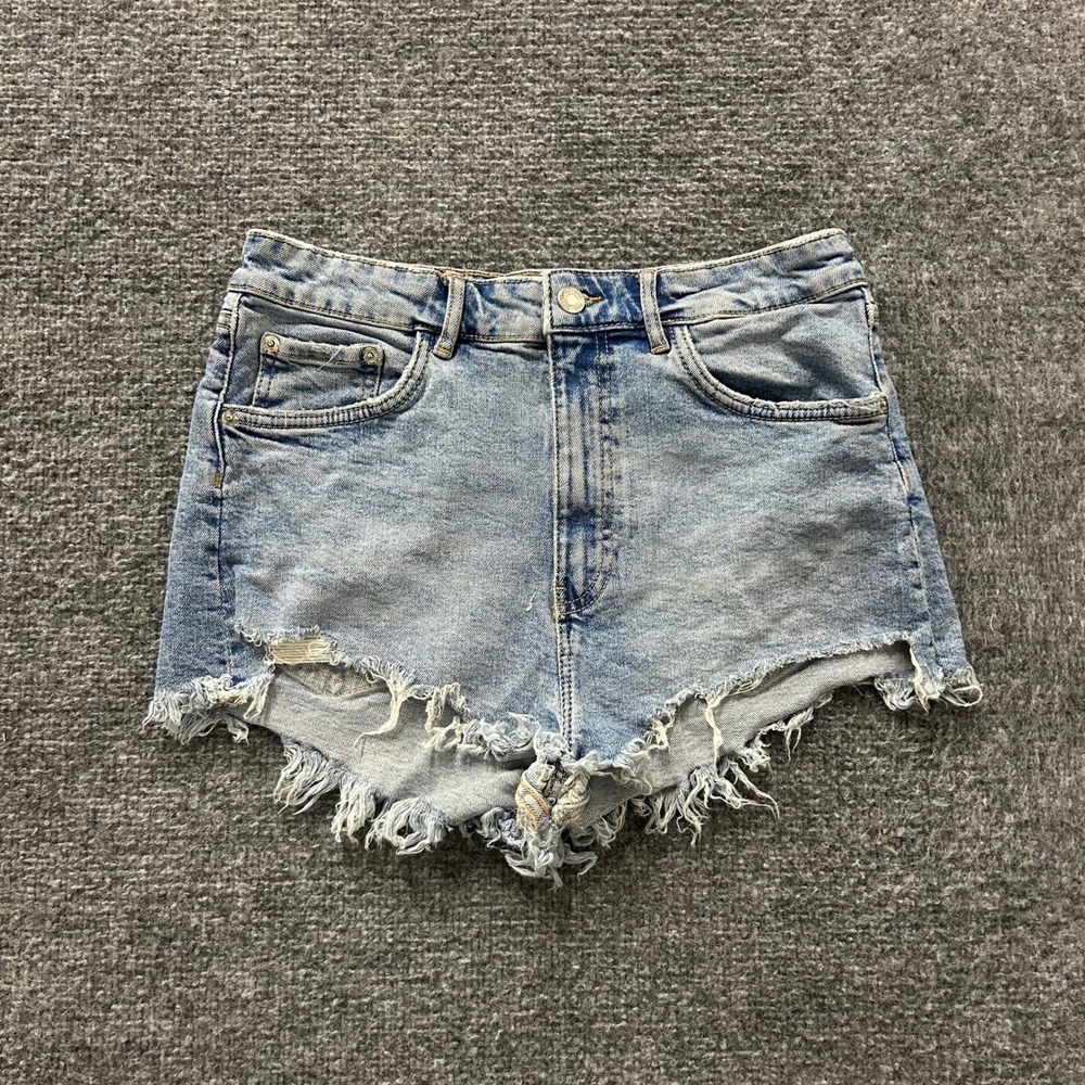 Zara Jean Shorts Womens Size 8 Blue Denim High Waisted Frayed Raw Hem Cut Offs